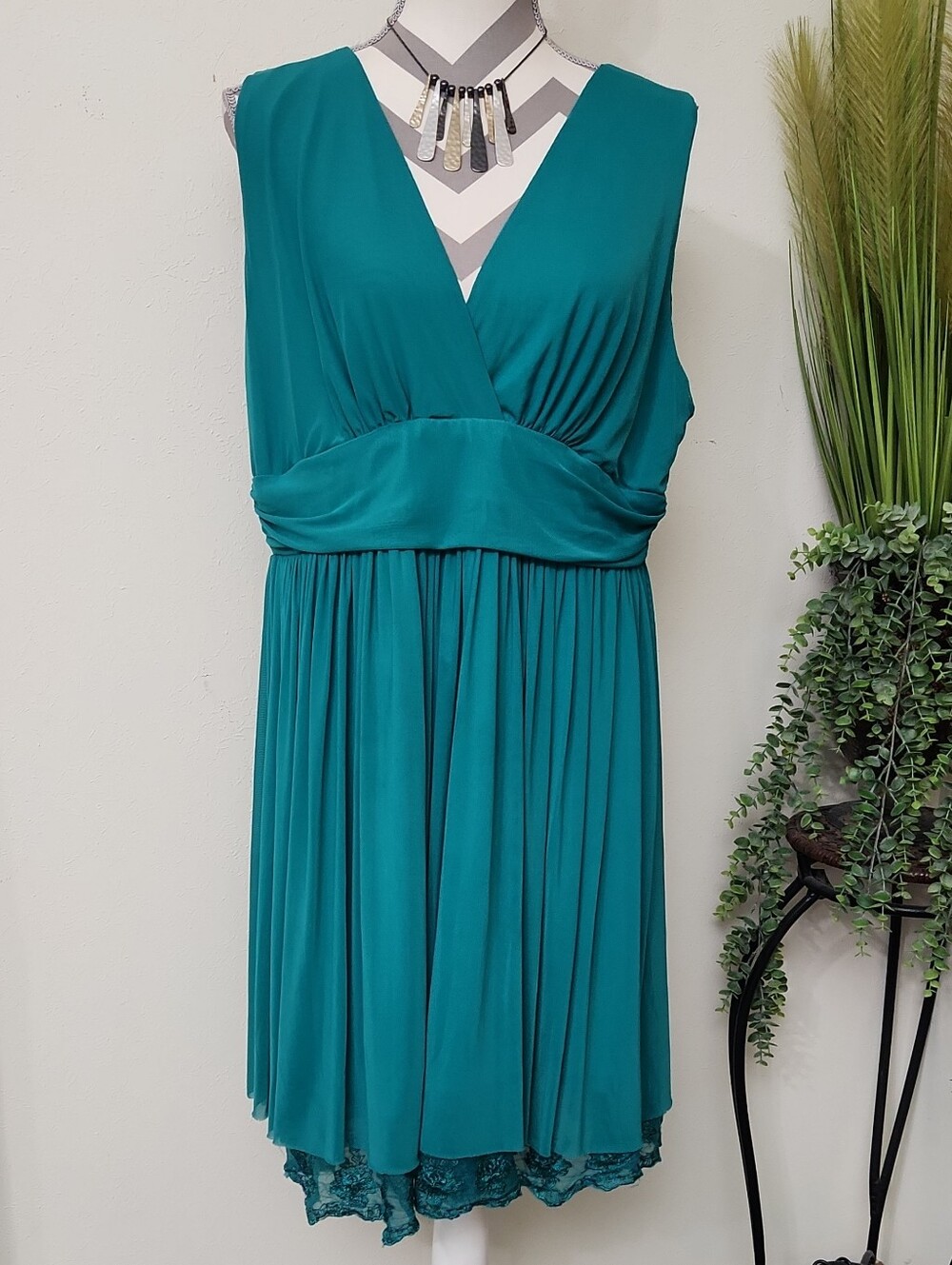 Ever Pretty Teal Sleeveless Surplice Midi Dress with Lace Hem
